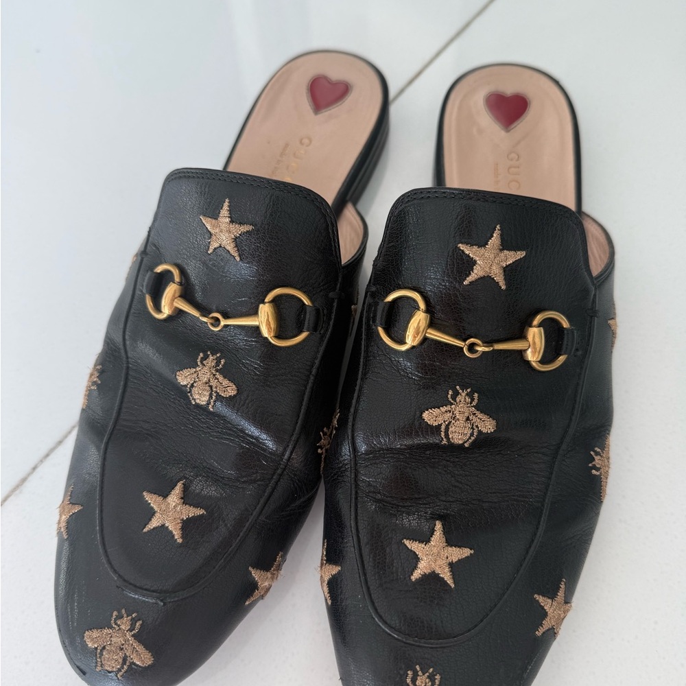 Gucci Black and Gold Star Embroidered Mules